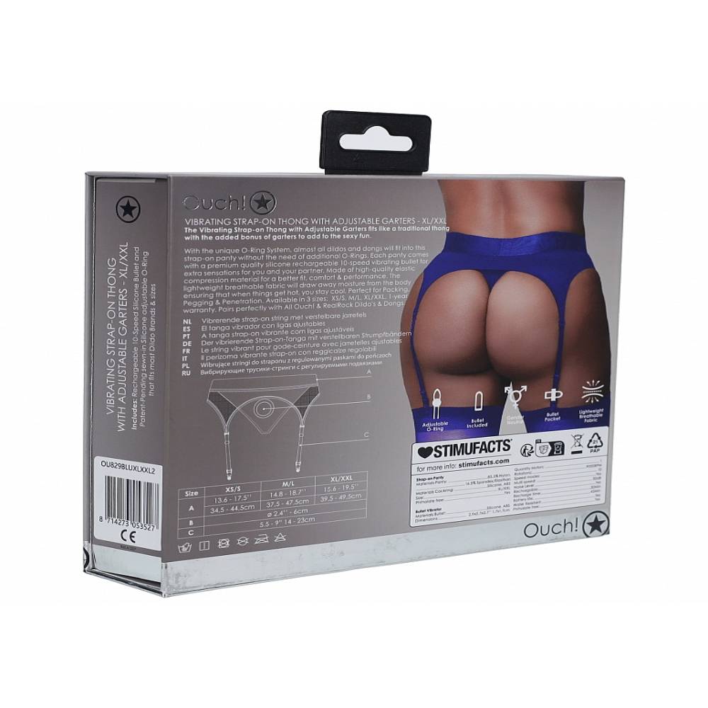 Ouch! Vibrating Strap-on Thong with Adjustable Garters Royal Blue Strap On Sextoys
