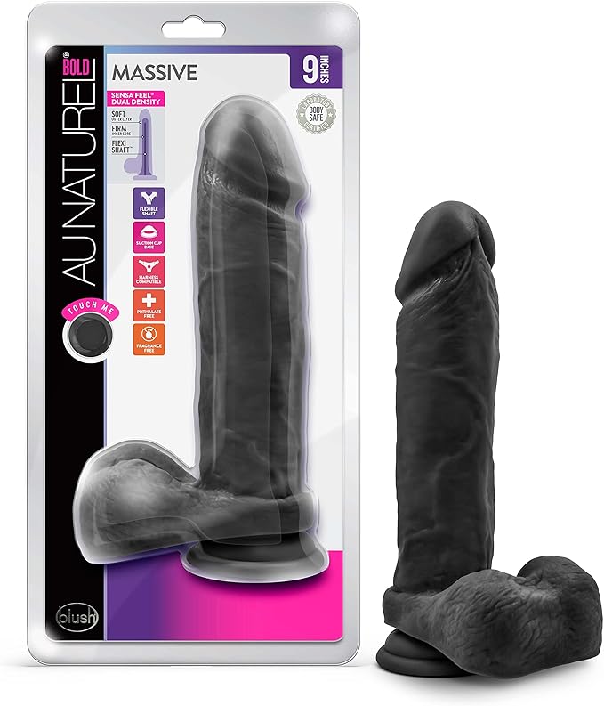 Au Naturel Bold Massive Realistic Dildo With Balls Black 9 Inch Realistic Dildos