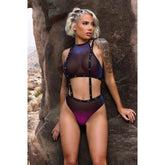 Fantasy Lingerie VIBES STARDUST Iridescent Halter Top & Suspender Bottoms Indigo S/M Bras and Bra Sets