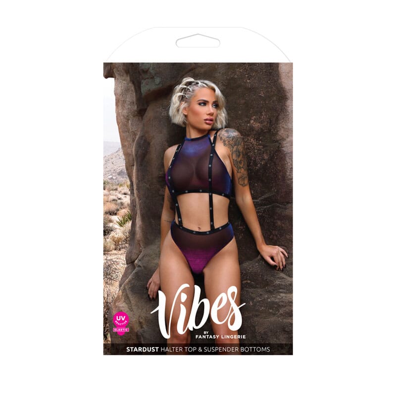 Fantasy Lingerie VIBES STARDUST Iridescent Halter Top & Suspender Bottoms Indigo S/M Bras and Bra Sets