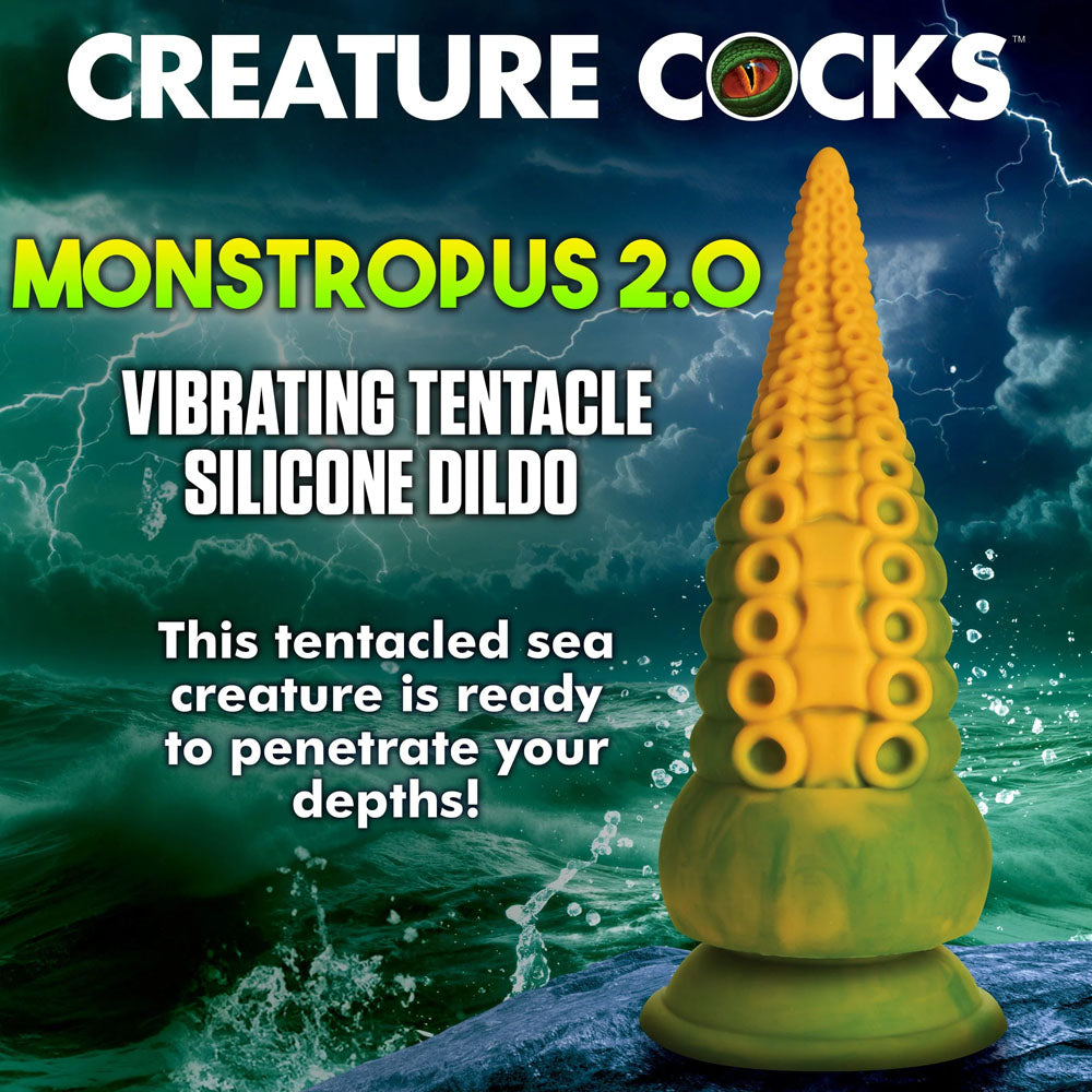 XR Brands Creature Cocks Monstropus 2.0 Vibrating Tentacled Monster Silicone Dildo Green/Yellow Vibrating Dildos