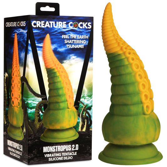 XR Brands Creature Cocks Monstropus 2.0 Vibrating Tentacled Monster Silicone Dildo Green/Yellow Vibrating Dildos