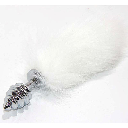 White Kitten Tail Silver Ribbed Butt Plug