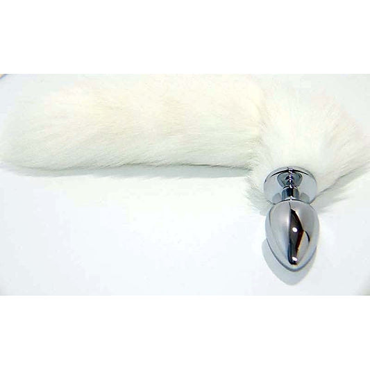 White Faux Fox Tail Smooth Silver Butt Plug - Steel Sex Toys