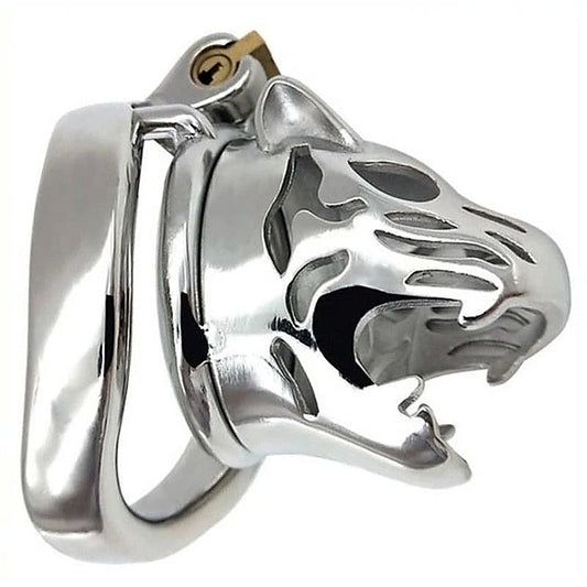 Tiger Head Bend Ring Steel Cock Cage - Male Chastity