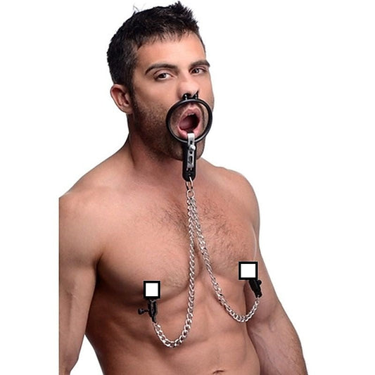 Degraded Mouth Spreader with Nipple Clamps - Nipple and Clit Clamps