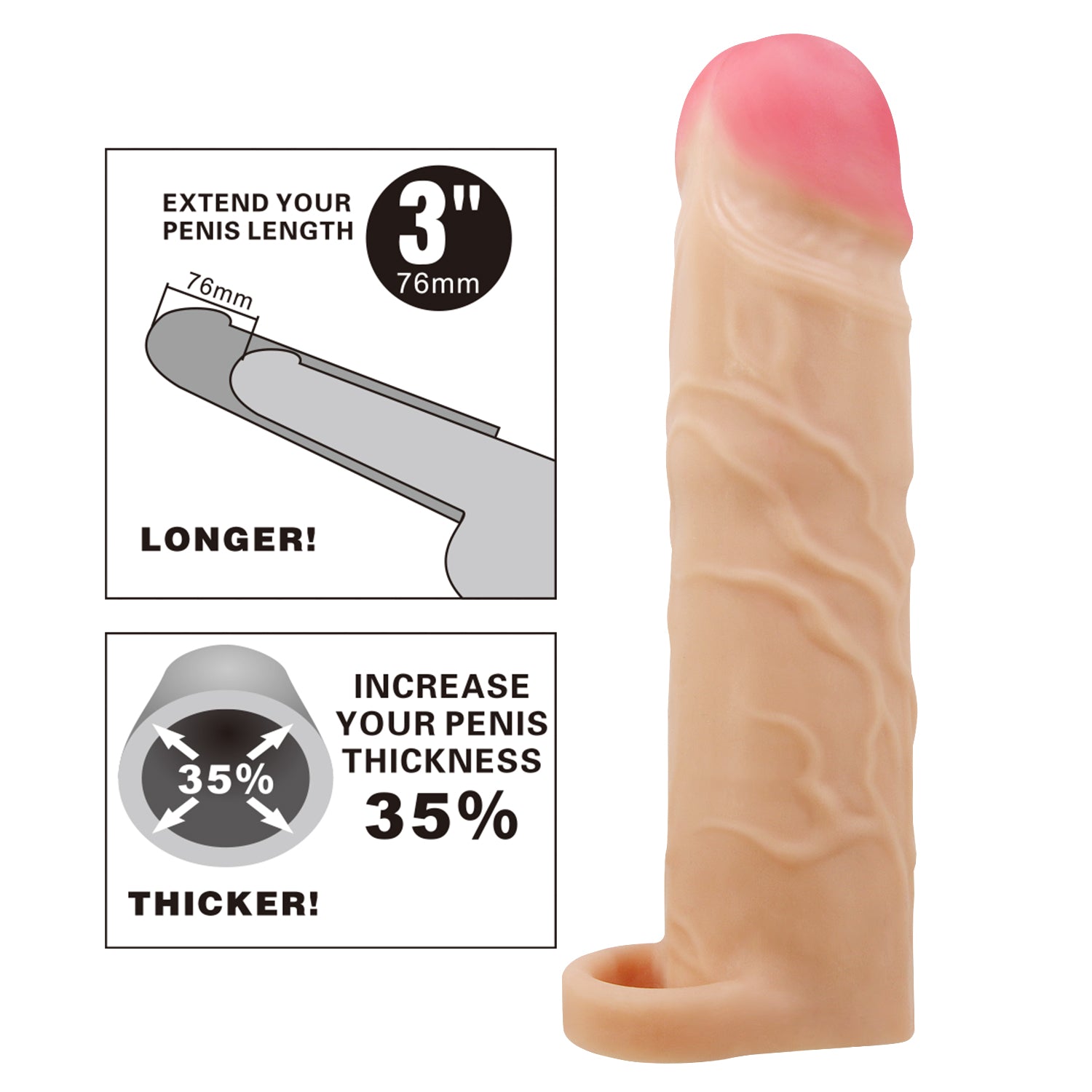 Party Up RICHARD 3 Inch Penis Sleeve with Ball Strap Flesh Penis Sleeves and Extenders