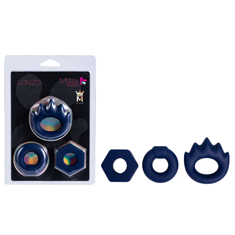 Maia LONZO Stretchy Silicone Cock Rings Set of 3 Blue Cock Ring Sets