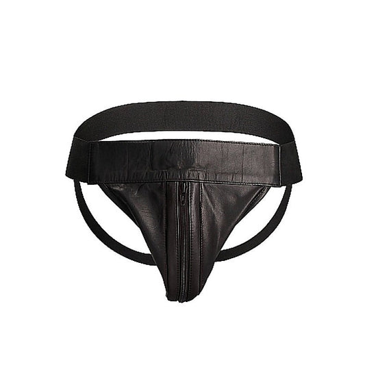 Uomo Striped Front With Zip Leather Jock Black