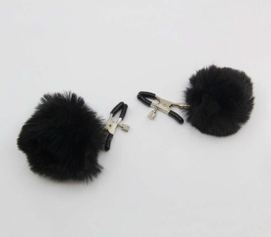 Love In Leather Pom Pom Womens Nipple Clamps Black Nipple and Clit Clamps