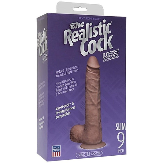 The Realistic Cock UR3 9 in. Slim with Balls Brown