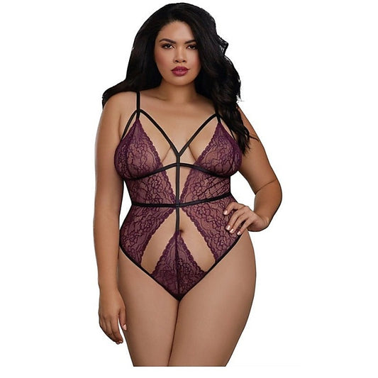 Plus Size Stretch Lace Teddy with Strappy Elastic Details