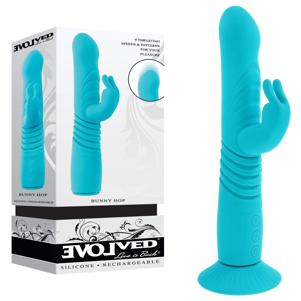 Evolved BUNNY HOP Thrusting Rabbit Vibrator Teal Rabbit Vibrators
