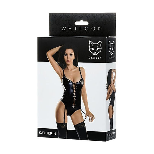 Glossy Wetlook Lace-Up Bodysuit - Katherin Adjustable Fit - Her Fetish