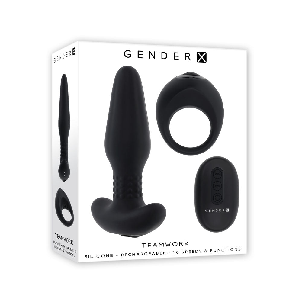 Gender X TEAMWORK Rimming Butt Plug & Vibrating Cock Ring Black Vibrating Cock Rings