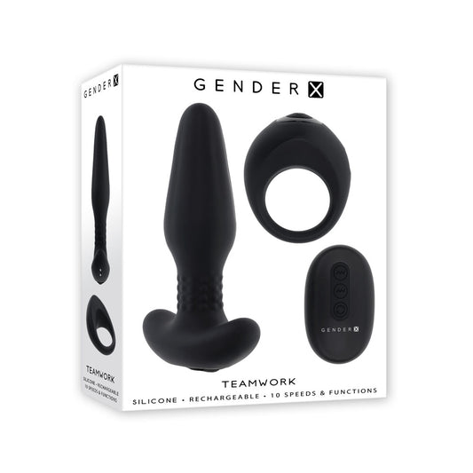 Gender X TEAMWORK Rimming Butt Plug & Vibrating Cock Ring Black - Vibrating Cock Rings