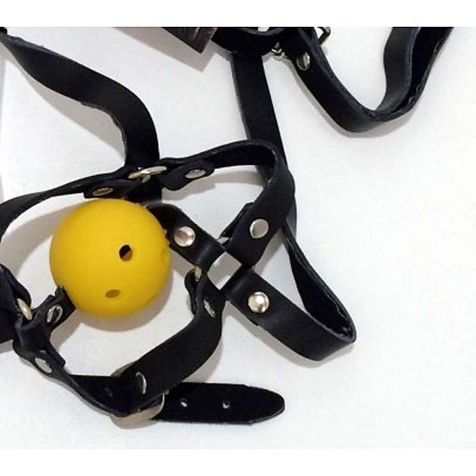 Dungeonnet Bondage Gag With Yellow Ball - Bondage Gags and Bits