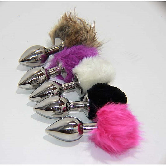 Crazy Faux Rabbit Tail Small Metal Silver Butt Plug