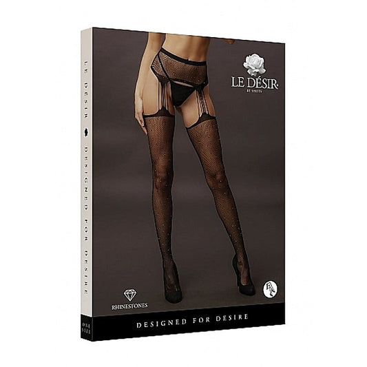 Le Desir Suspender Rhinestone Pantyhose - Black