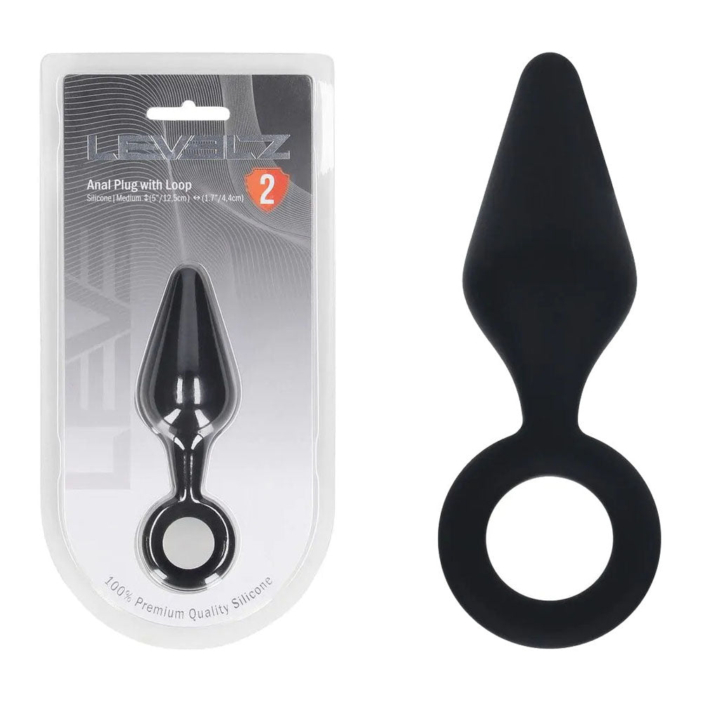 Shots LEVELZ Silicone Anal Plug with Loop Black Medium Butt Plugs