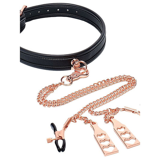 BMS Factory Punishment Rose Gold Choker and Nipple Clamps - Collars and Leads