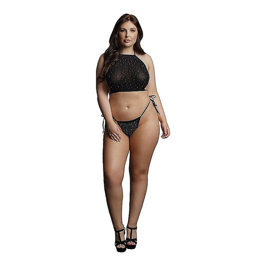 Le Desir Festive Rhinestone Womens Top and Thong Black - Bras and Bra Sets