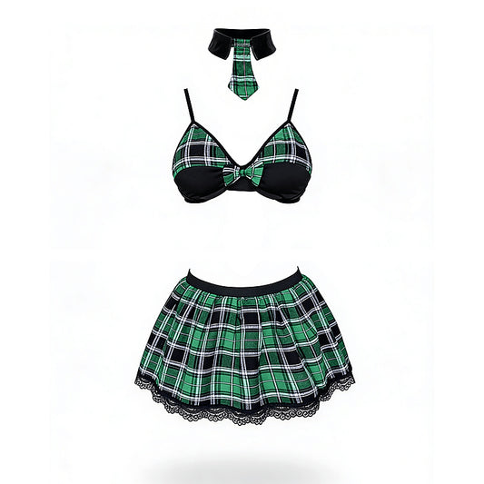 Love In Leather 4 Piece Sexy School Girls Dress Set Green - Fancy Dress Ups