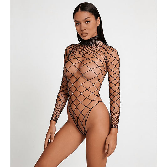 Wide Net Rhinestone Long Sleeve Bodysuit by Love In Leather - Teddies and Bodysuits