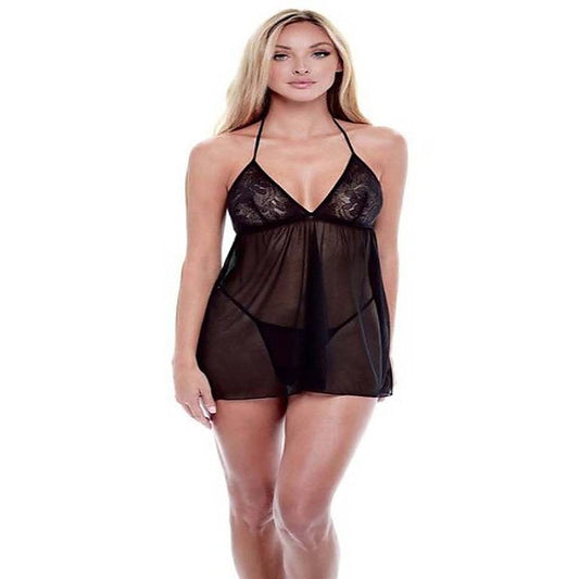 Baci Eco Lace And Mesh Chemise Black - Babydolls and Chemises