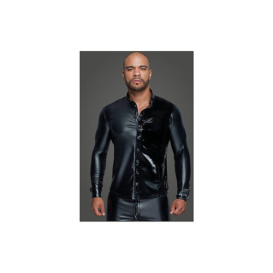Noir Handmade Powerwetlook PVC Long Sleeved Mens Shirt With Button Placket