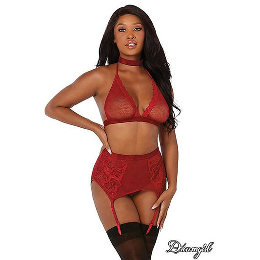 Dreamgirl Fishnet and Lace Bra Garter Belt and G-String Set - Bras and Bra Sets