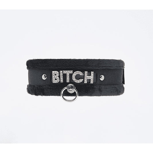 Love In Leather Diamante Bitch Fluffy Bondage Collar - Collars and Leads