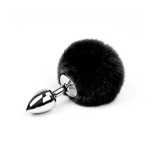 Love In Leather Faux Fur Bunny Tail Butt Plug Black - Butt Plugs