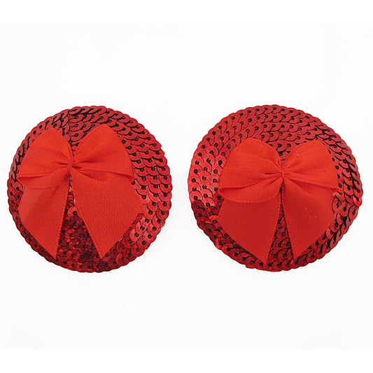 Love In Leather Round Sequin Nipple Pasties With Bow - Breast and Nipple Toys