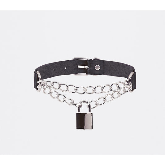 Love In Leather Chain Padlock Faux Leather Choker - Collars and Leads
