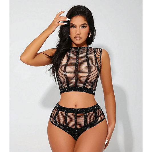 Love In Leather Rhinestone Two Piece Set - Body Stockings