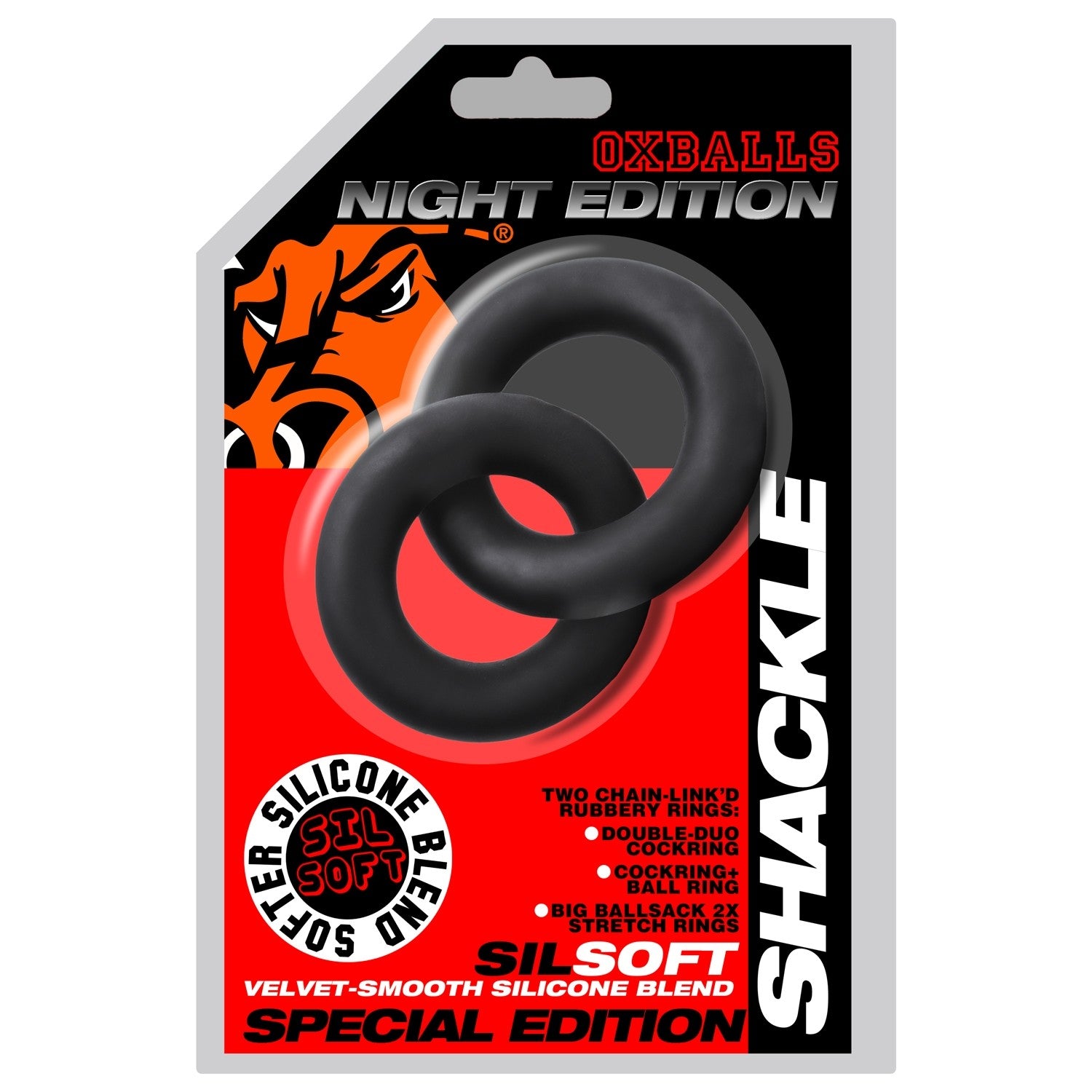 Oxballs Shackle Double LInked Silicone Cock and Ball Ring Black Stretchy Cock Rings