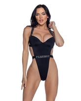 PlayBoy Black High-Leg 1 Pc Swimsuit with Rhinestone Logo XS Teddies and Bodysuits