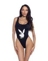 PlayBoy Black High-Leg 1 Pc Swimsuit with Bunny Head Logo XS Teddies and Bodysuits
