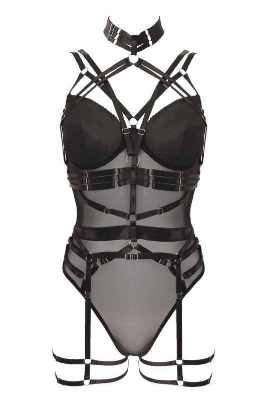 Muse Lingerie 3 Piece Bodysuit With Elastic Brace Top Black Large Her Fetish