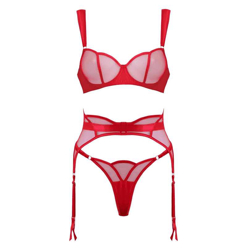 Muse 3-Piece Sheer Mesh BDSM Lingerie Set Red Red Her Fetish