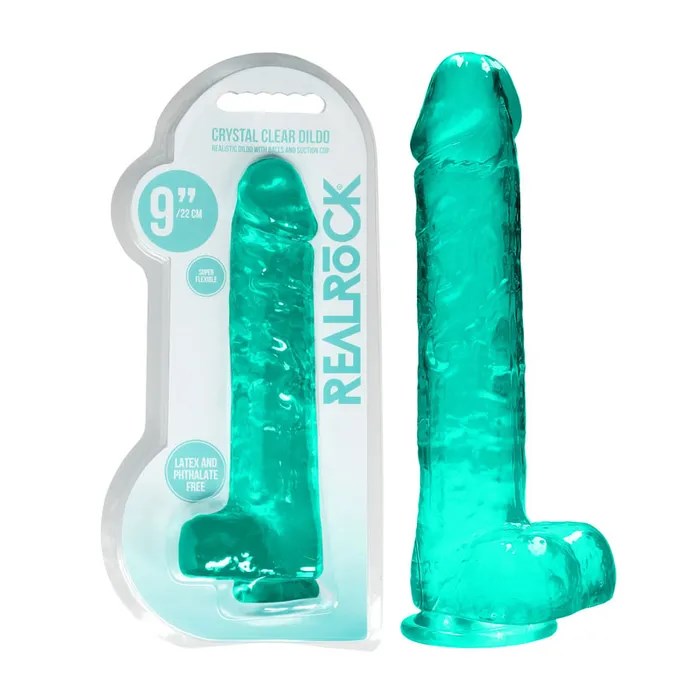 Realrock Crystal Clear Dildo with Balls 9 inch Turquoise Luxury Sex Toys