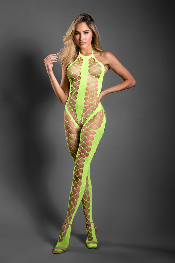 Fantasy Lingerie Sheer Unstoppable Crotchless Bodystocking OS Green Body Stockings