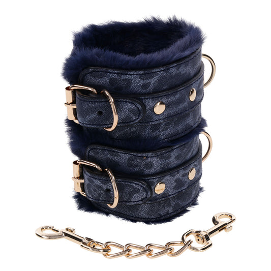 Sportsheets Sex & Mischief Cougar Fur Handcuffs Restraints Navy Blue / Gold - Cuffs And Restraints