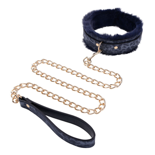 Sportsheets Sex & Mischief Cougar Fur Bondage Collar & Leash Navy Blue / Gold - Collars and Leads