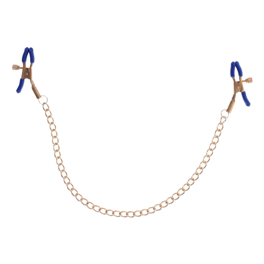 Sportsheets Sex & Mischief Cougar Chained Nipple Clamps With Cougar Chain Gold Nipple and Clit Clamps