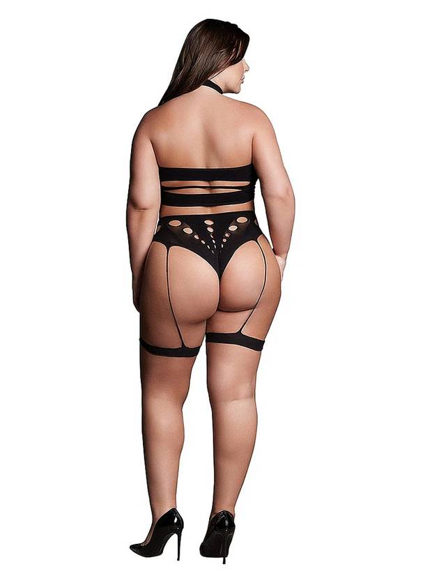 Le Desir Shade Ananke XII Three Piece Bandeau Top and Pantie with Garters Black Bras and Bra Sets