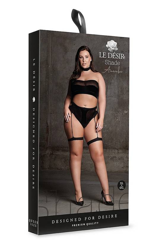 Le Desir Shade Ananke XII Three Piece Bandeau Top and Pantie with Garters Black Bras and Bra Sets