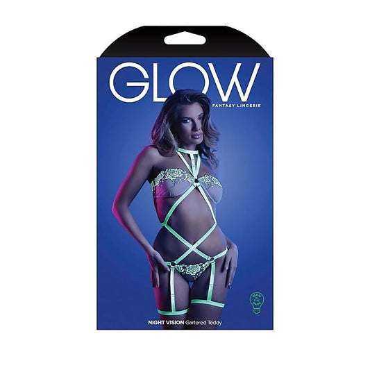 Luminous Allure - Glow Night Vision Gartered Teddy - Babydolls and Chemises