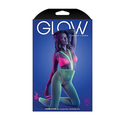 Glow Come Alive 3pc Suspender Stockings Set- 1size - Hosiery